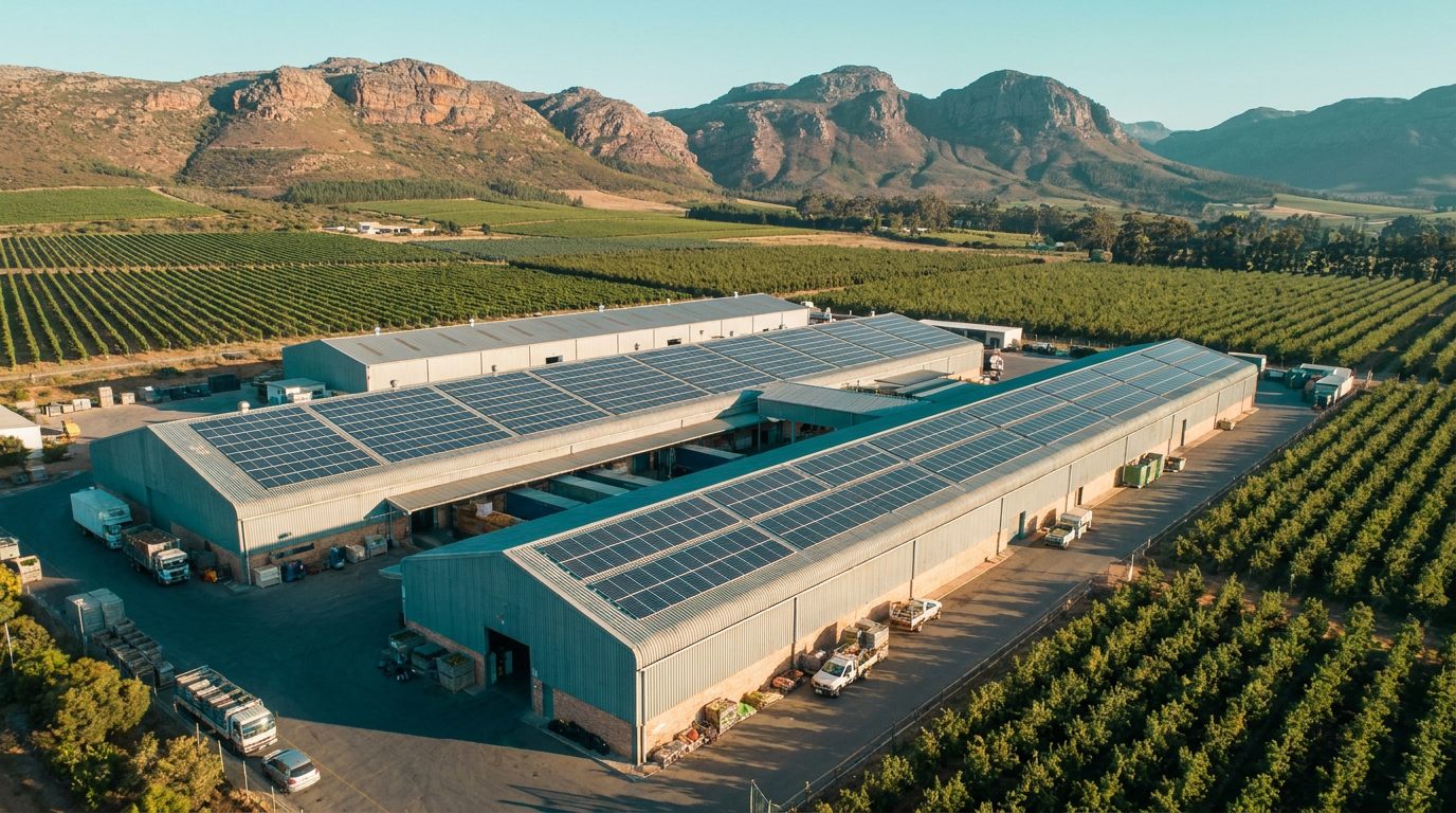 Aerial view of a fruit packhouse and cold store with solar panels across the roofs