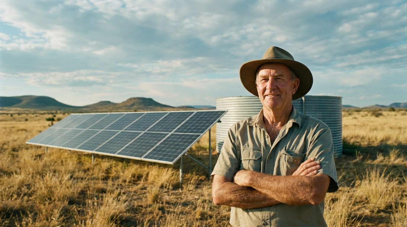 A farmer standing beside a solar array powering a borehole pump