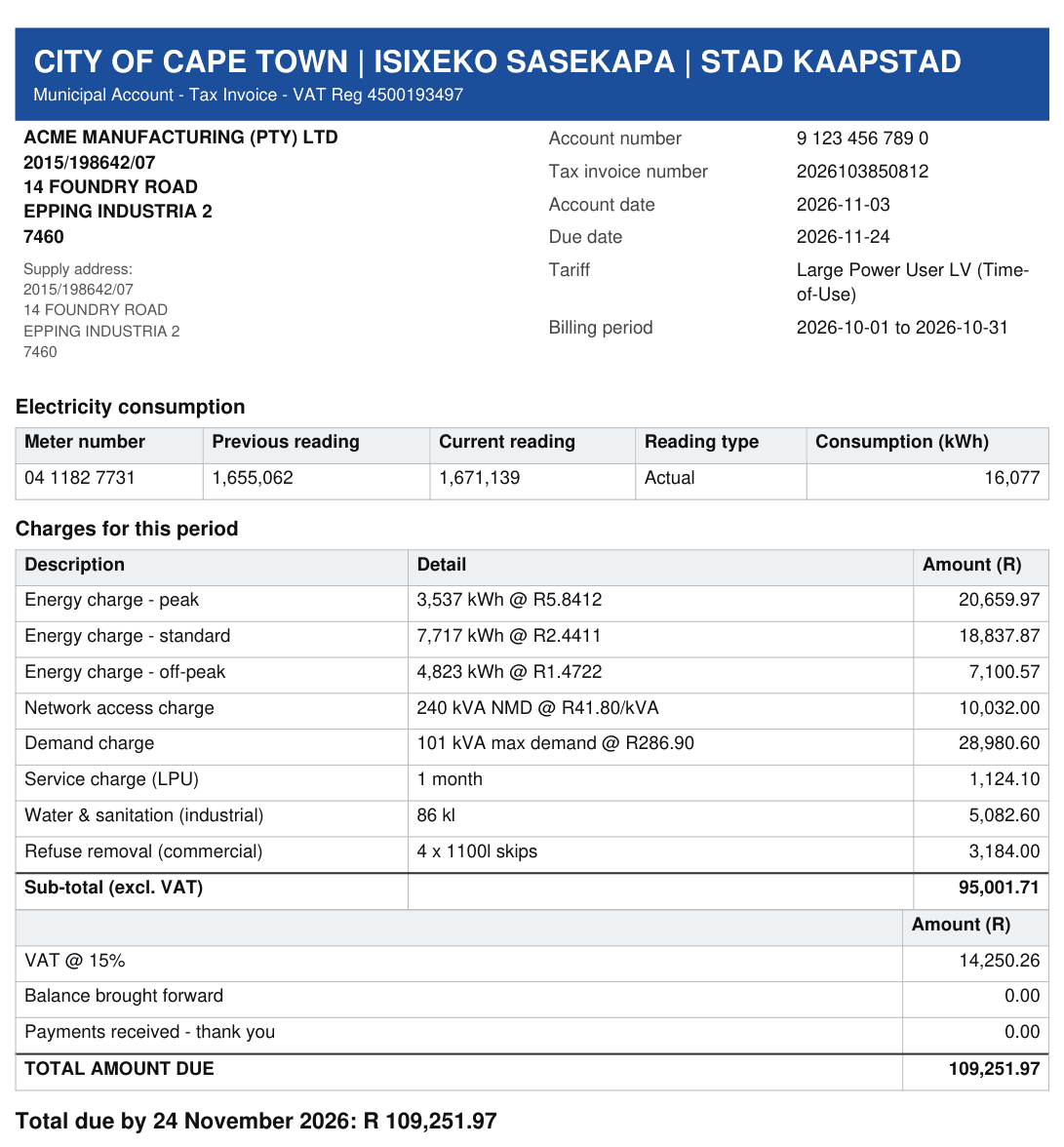 The same account after solar: 16 077 kWh from the grid, R 109 252 due
