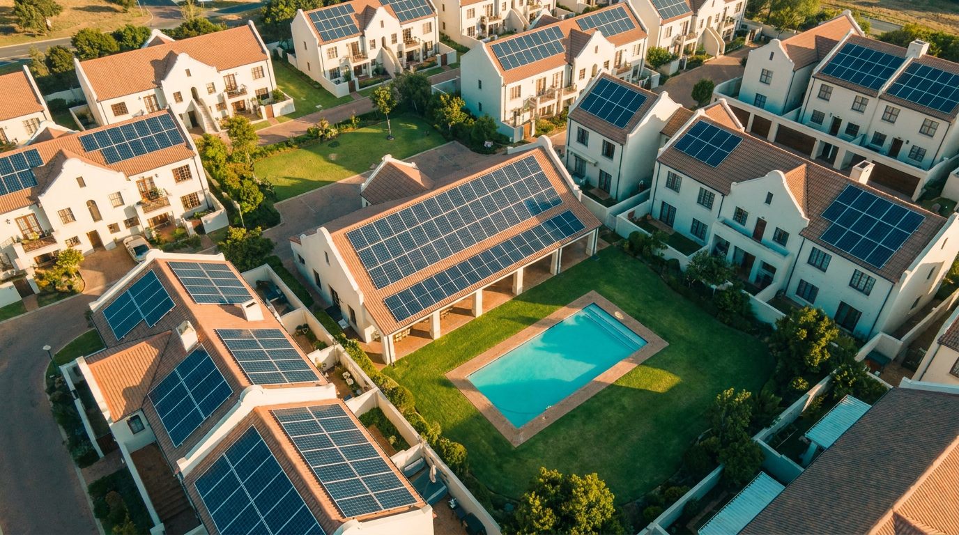 Aerial view of a townhouse estate with solar panels on every roof