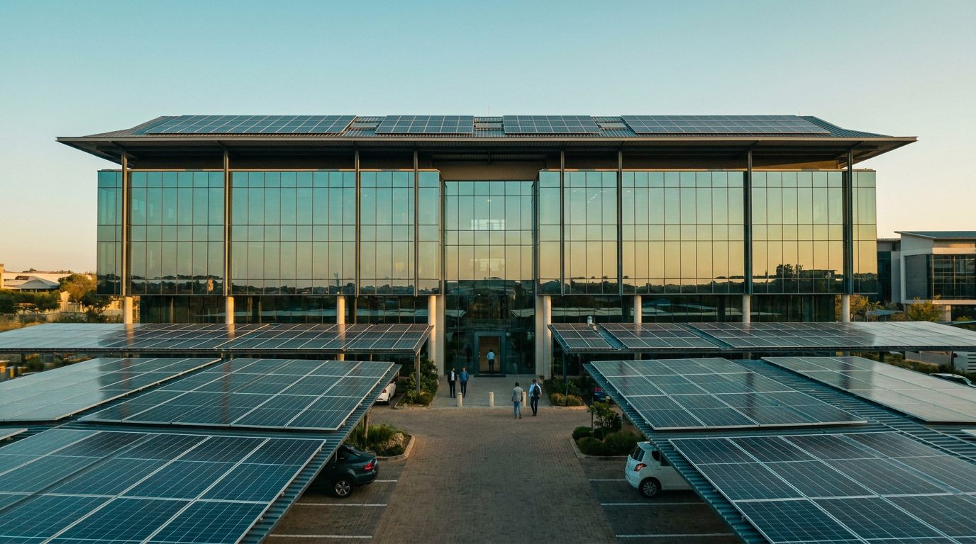 A modern office building with a solar carport over the staff parking