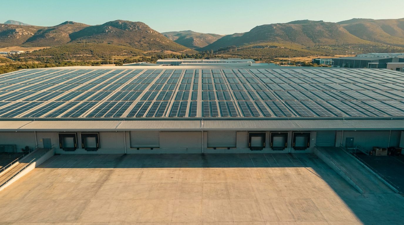 Aerial view of a warehouse roof covered in solar panels