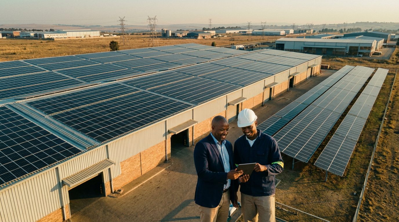 A factory owner and an engineer in front of a factory with solar panels across its roof