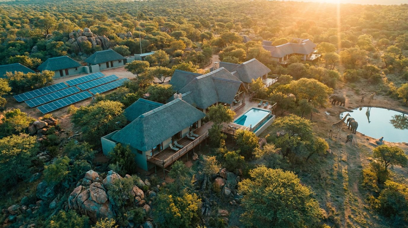 Aerial view of a safari lodge in the bush with a solar array beside it