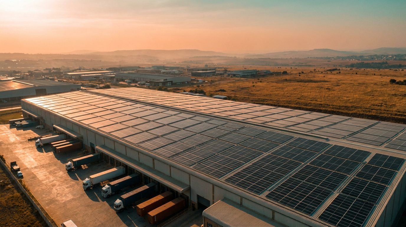 Aerial view of a South African factory roof covered in solar panels at golden hour