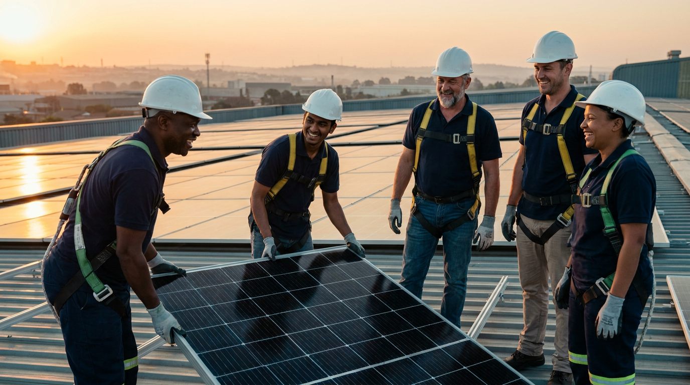 A solar installation crew of five laughing together as they set down a panel on a commercial factory roof