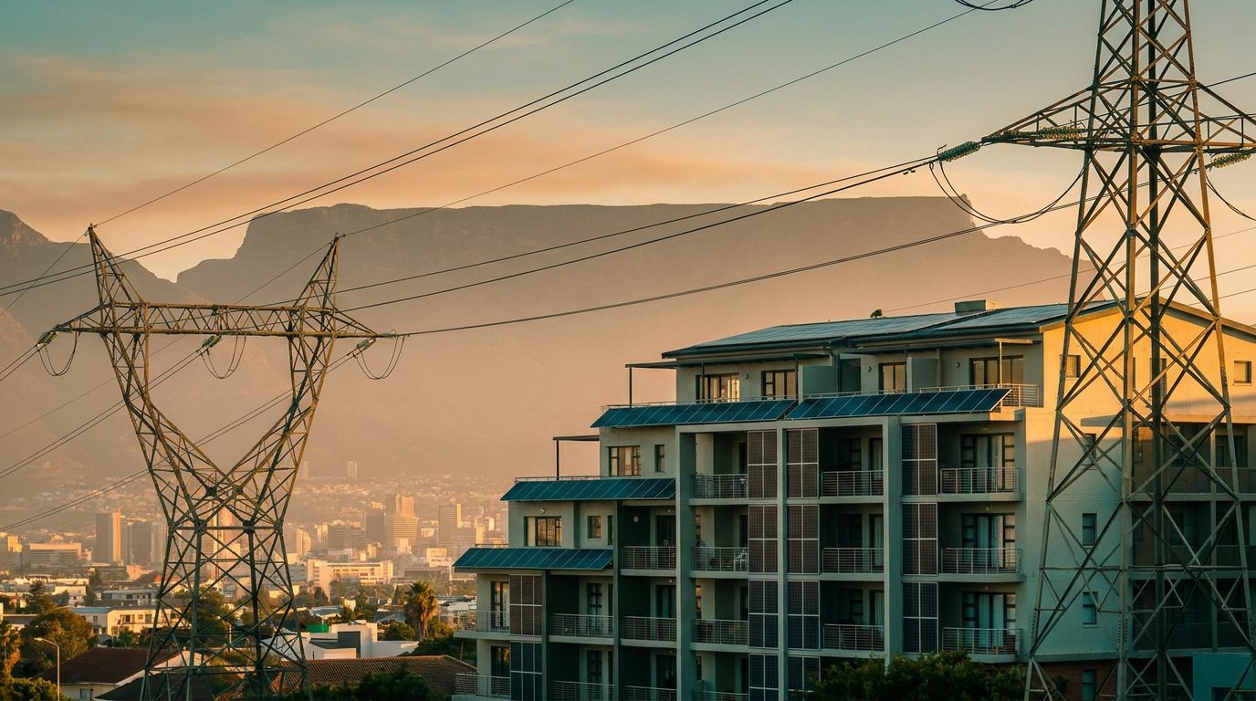 An apartment block with power lines carrying electricity into the city